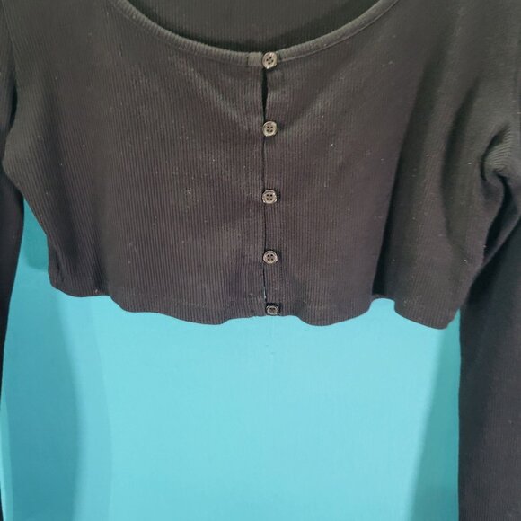 H&M Divided Black Long Sleeve Ribbed Crop Cardigan Button Front Womens Size M - Picture 8 of 13
